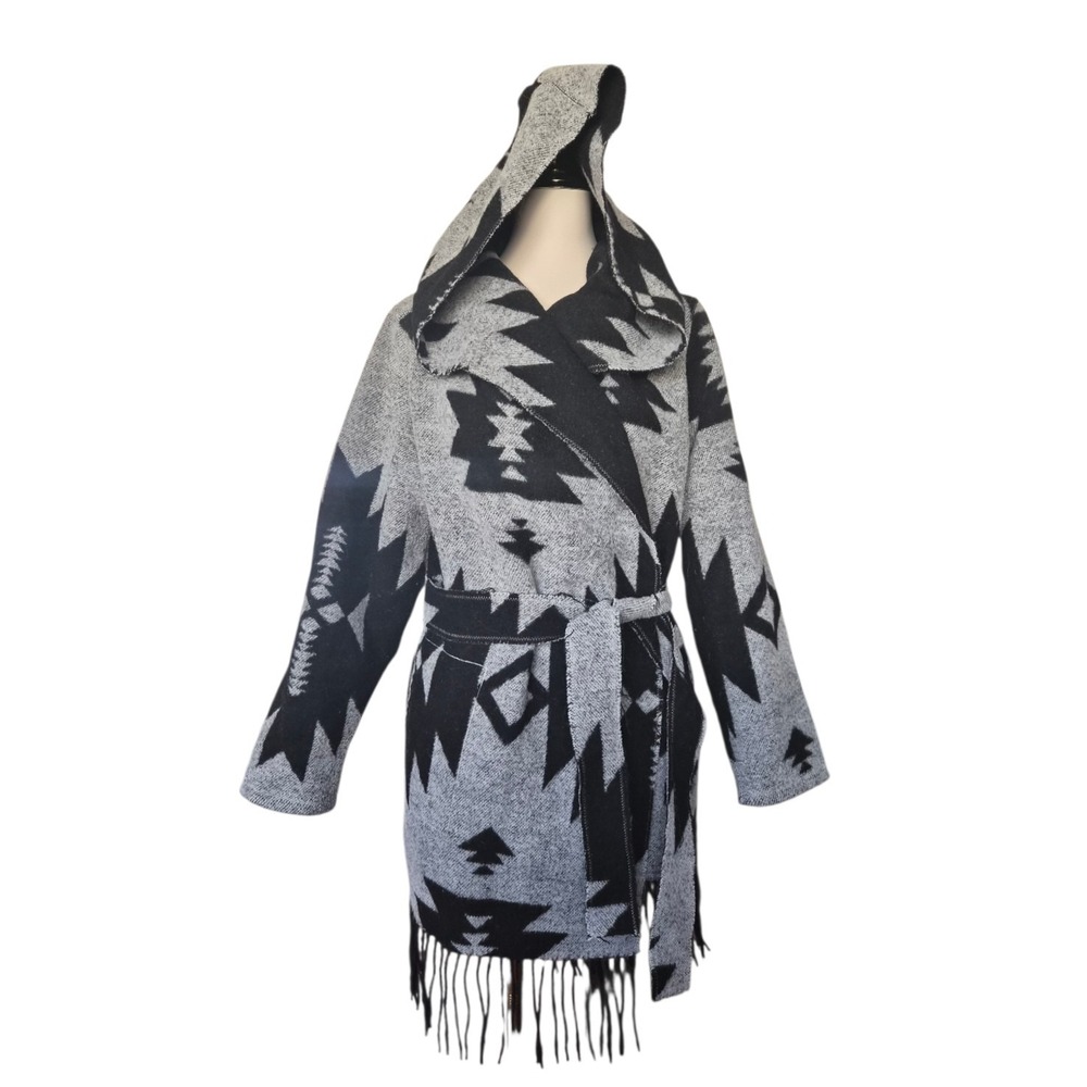Dylan Los Angeles Hooded Aztec Cardigan‎ Sweater Coat Fringe Belted Size S Black